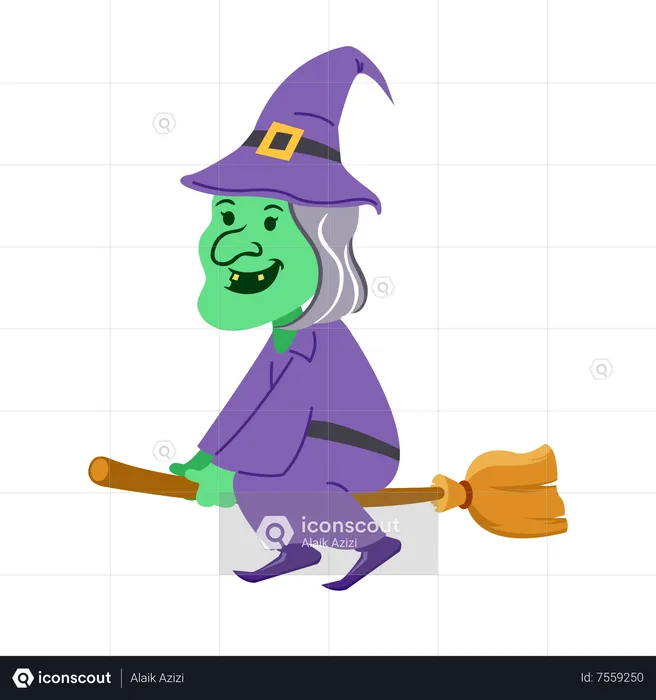 Creepy witch flying on broomstick  Illustration