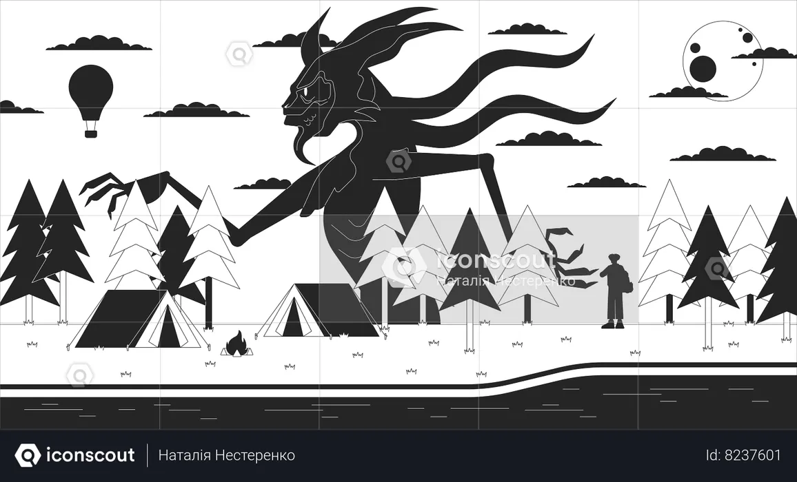 Creepy woods camping site  Illustration