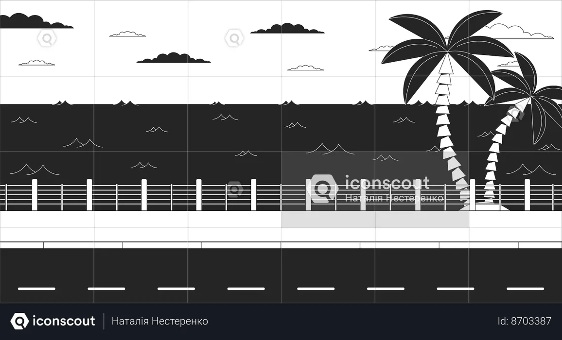 Paisagem marinha à beira da estrada ao entardecer com palmeiras  Ilustração