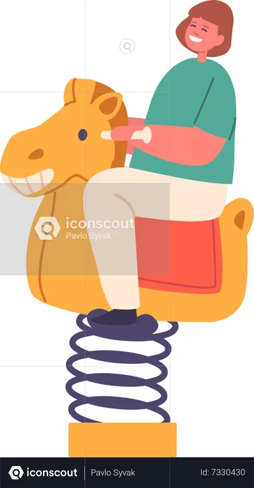 Criança alegre balançando em um balanço montado em uma mola de cavalo  Ilustração