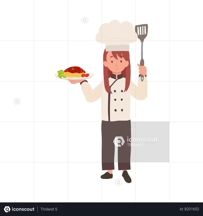 Chef criança feliz servindo macarrão  Ilustração