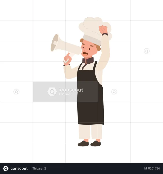 Cozinheiro infantil fofo em uniforme de chef fazendo anúncio com megafone  Illustration