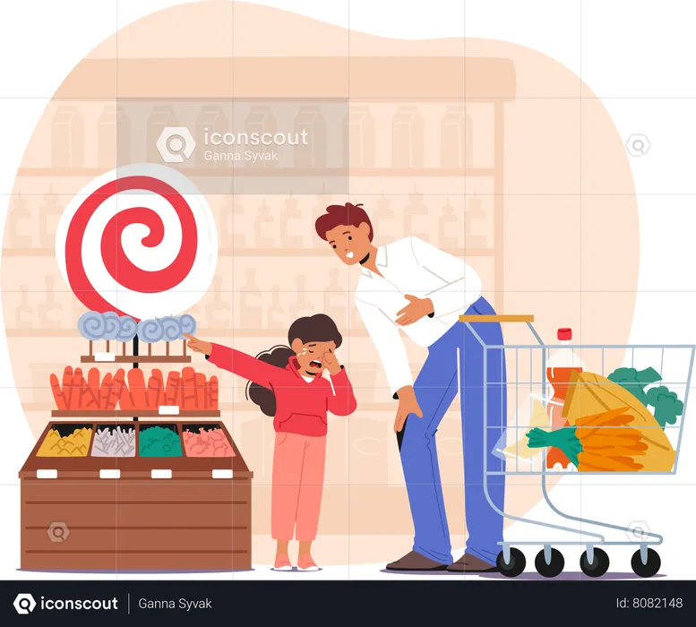 Criança frenética comprando doces no supermercado  Ilustração