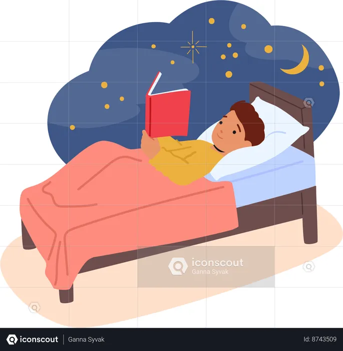 Criança imersa em uma história para dormir  Ilustração