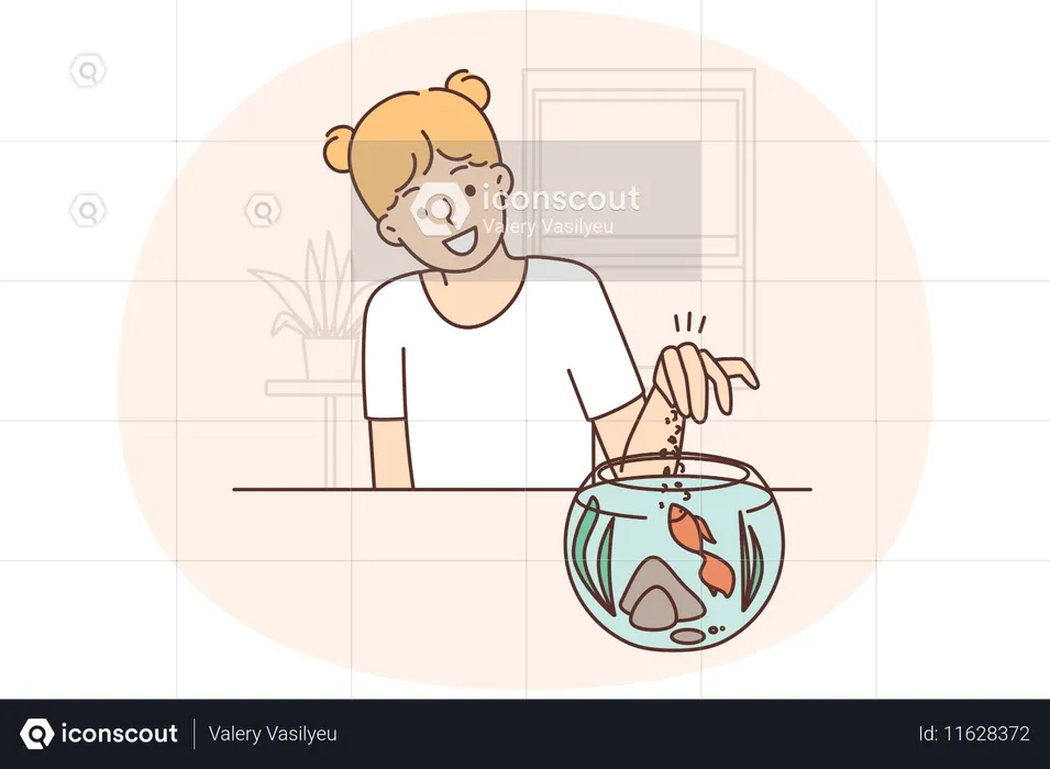 Menina alimentando peixes em aquário  Ilustração