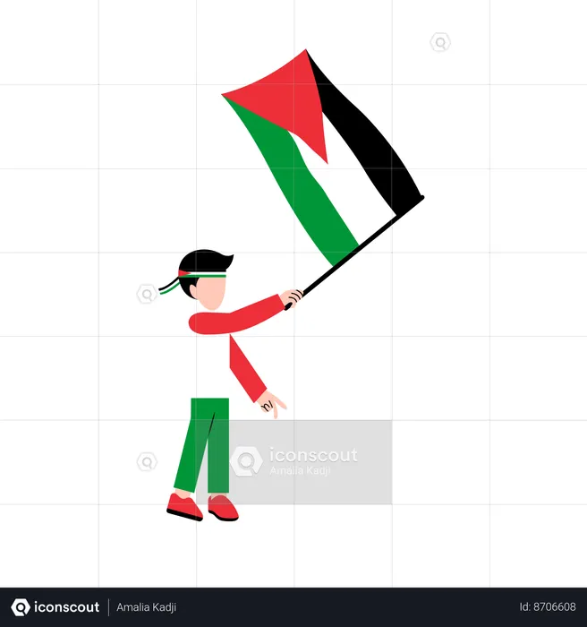 Criança pequena segurando a bandeira da Palestina  Ilustração