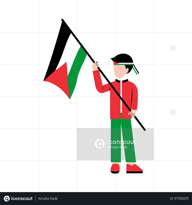 Criança pequena segurando a bandeira da Palestina  Ilustração