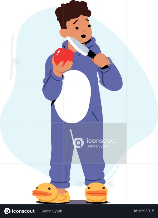 Criança segurando uma faca afiada para cortar maçã  Ilustração