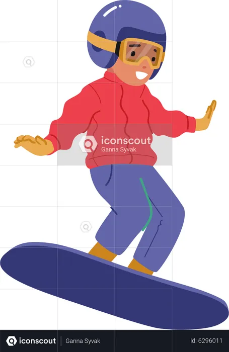 Criança pequena snowboarder pulando no snowboard  Ilustração