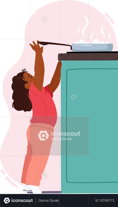 Criança tentando alcançar a panela quente no forno  Ilustração