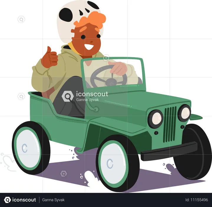 Criança usando capacete de caveira e andando de carro a pedal vintage  Ilustração