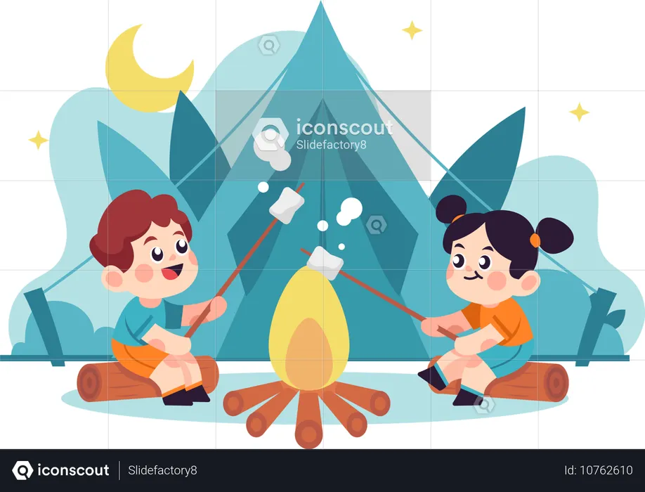 Crianças acampando e assando marshmallows  Ilustração