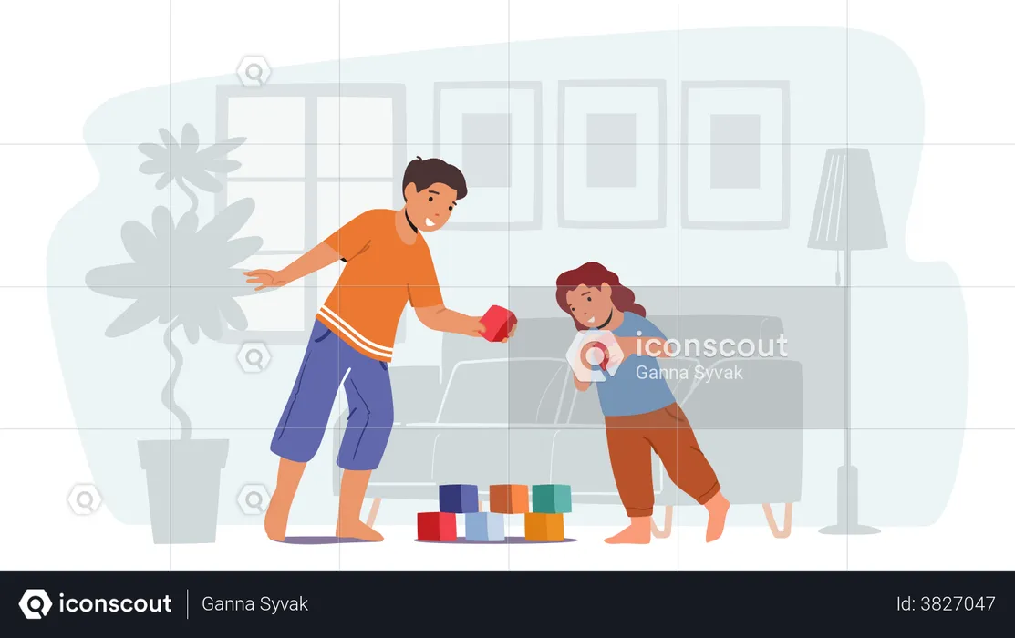 Crianças brincando com brinquedos construindo uma torre de cubos no chão  Ilustração