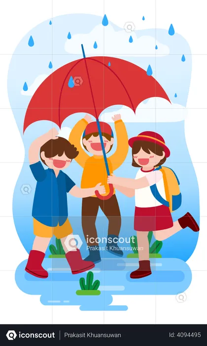 Crianças brincando na chuva lá fora de casa  Ilustração