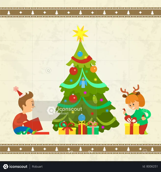 Crianças com presentes de natal  Ilustração