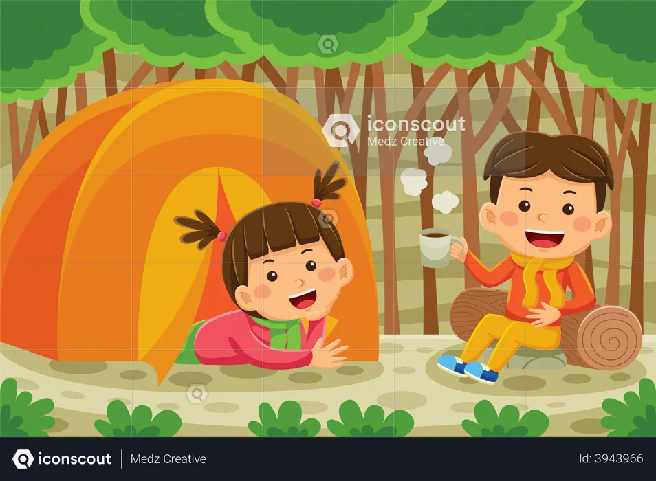 Crianças curtindo acampar  Ilustração
