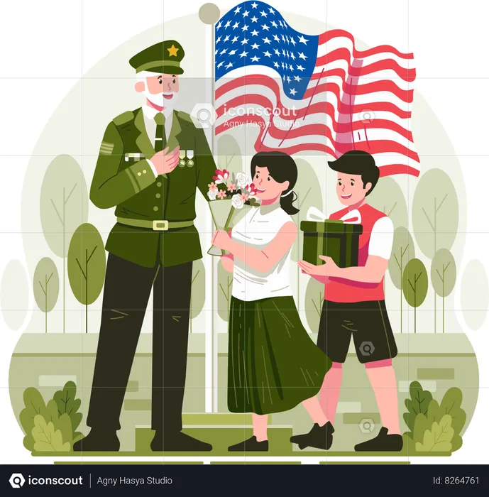 Crianças dando flores e presentes a um veterano sênior em uniforme militar como sinal de saudação e respeito no Dia dos Veteranos  Illustration