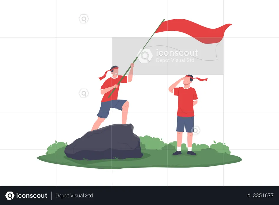 Crianças fazem saudação à bandeira da Indonésia  Ilustração