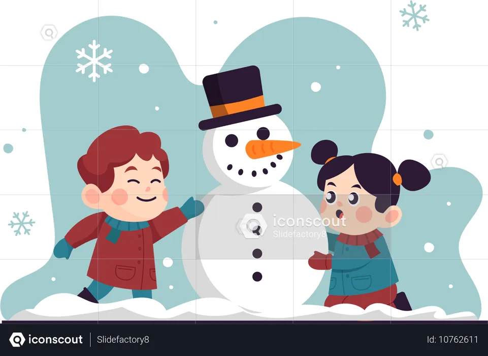 Crianças fazendo boneco de neve  Ilustração