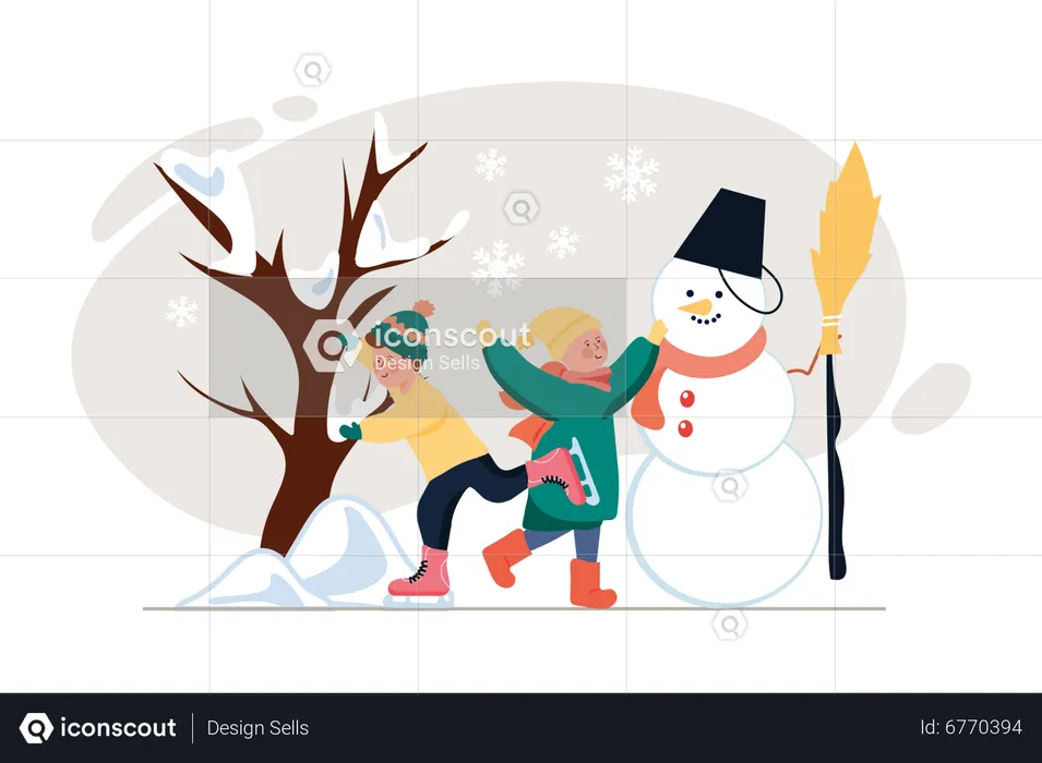 Crianças fazendo boneco de neve  Ilustração