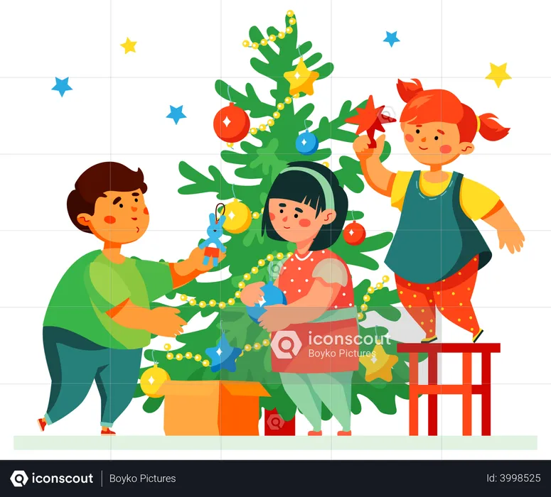 Crianças felizes decorando a árvore de Natal  Ilustração