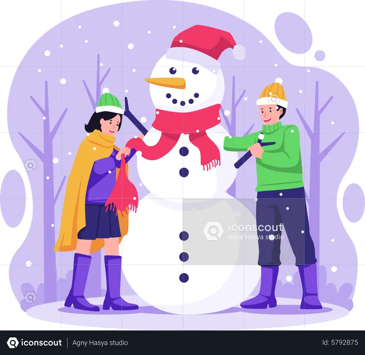 Crianças felizes fazem boneco de neve  Ilustração
