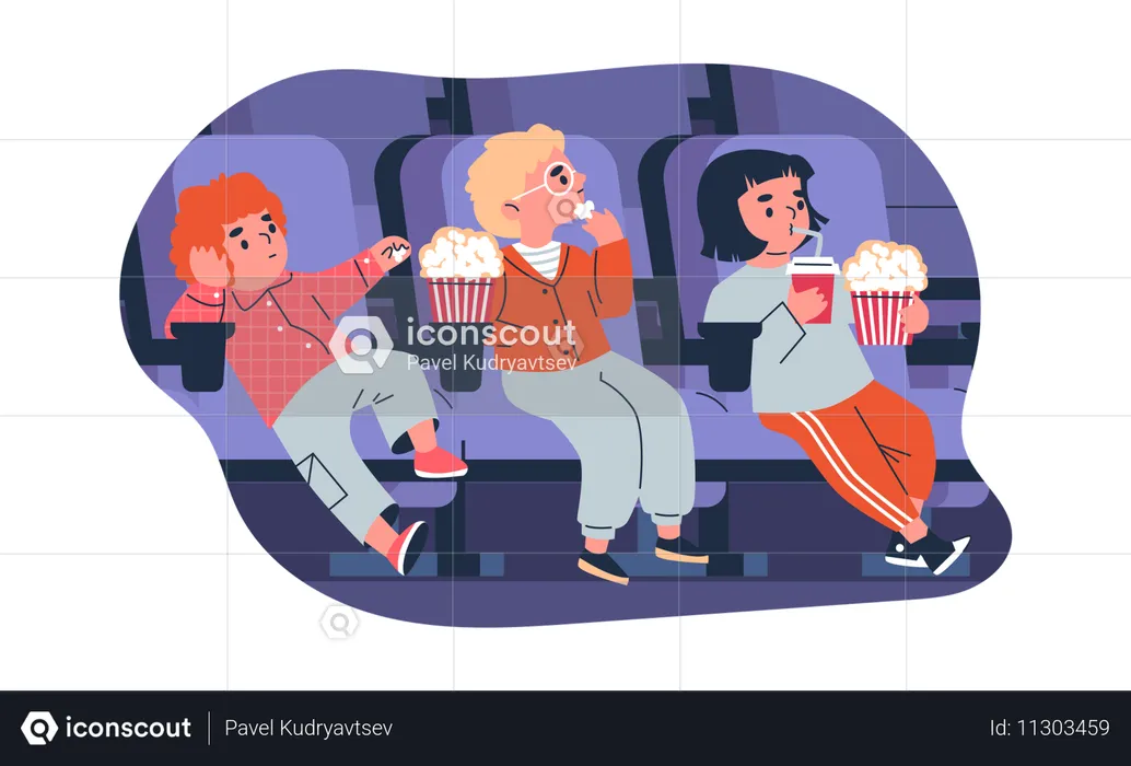 Amigos fofos assistindo filme no cinema  Ilustração