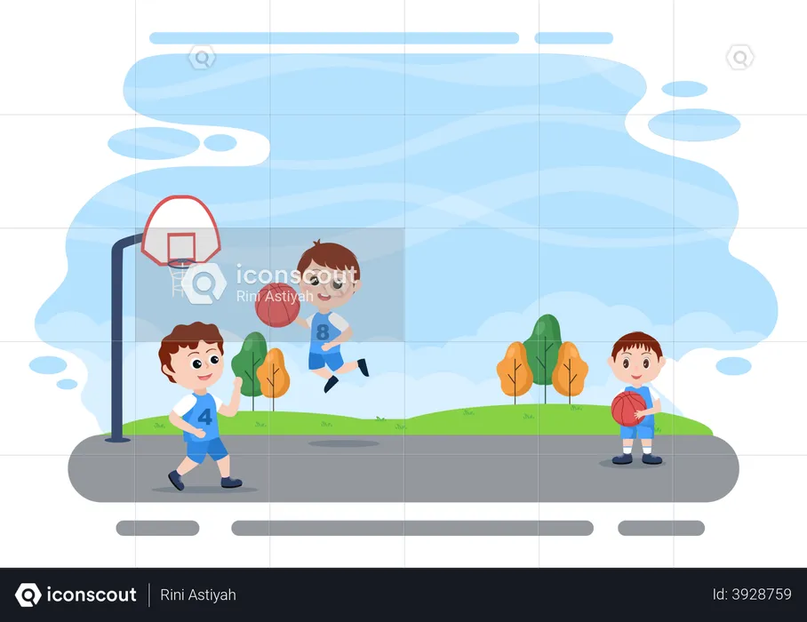 Crianças jogando basquete  Ilustração