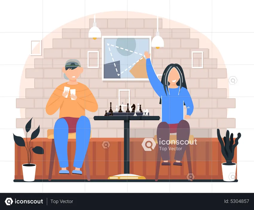 Crianças jogando xadrez sentadas juntas  Ilustração
