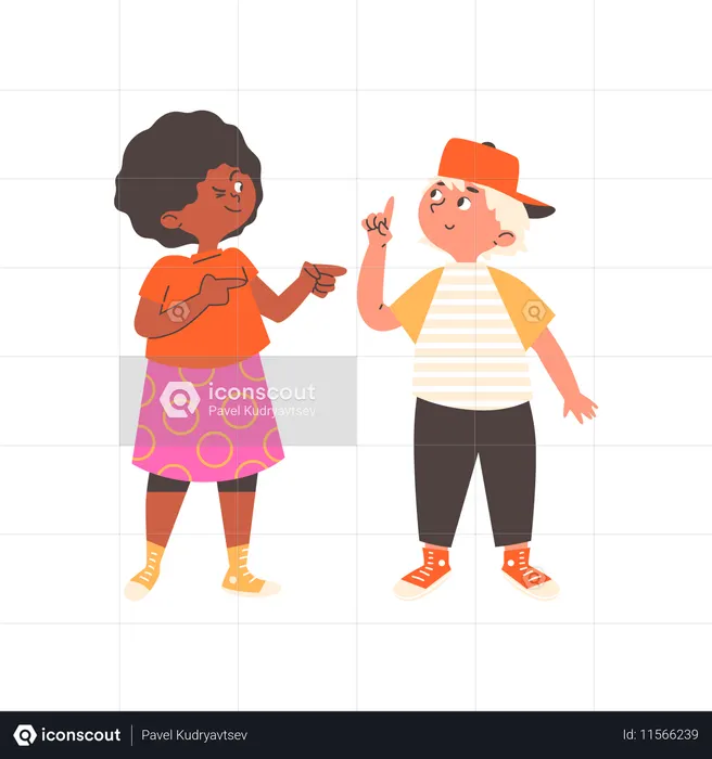 Crianças menino e menina apontando com os dedos em lados diferentes  Ilustração