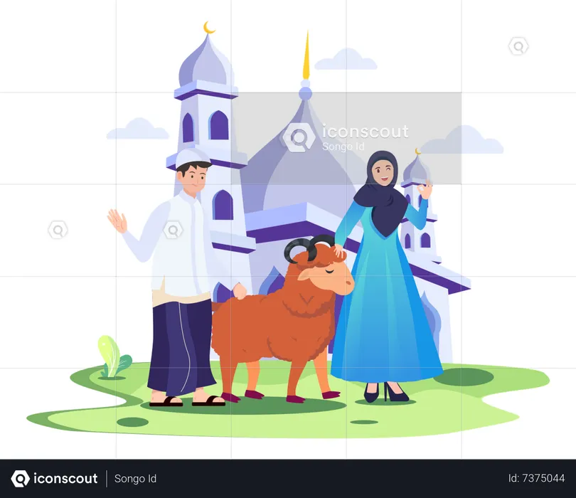 Crianças muçulmanas com cordeiro  Ilustração