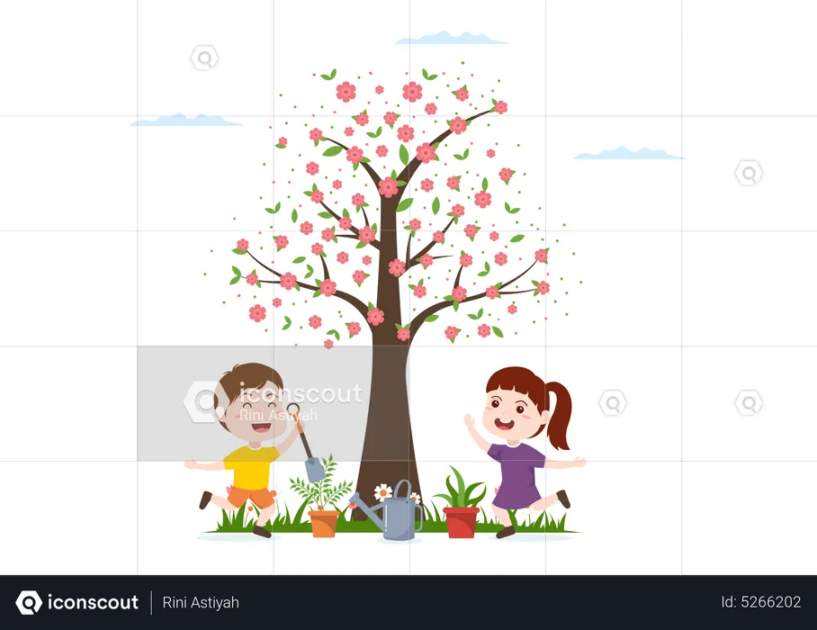 Crianças plantando árvores  Ilustração