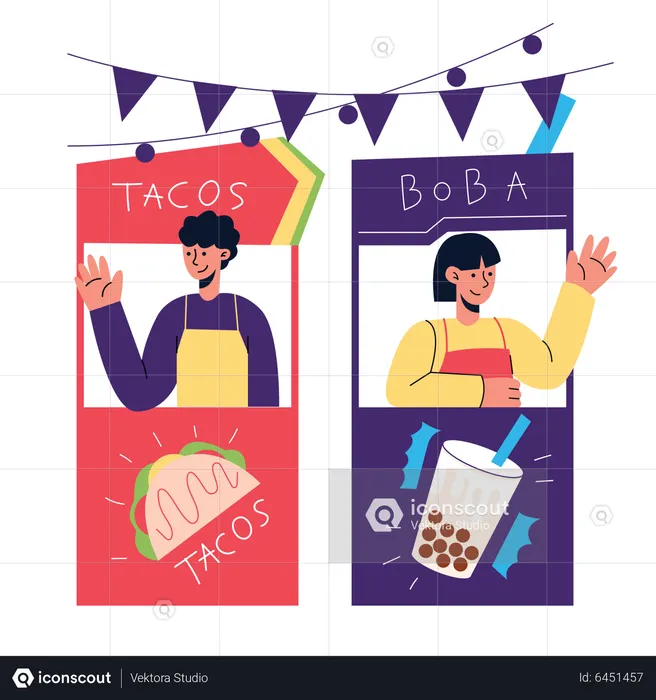 Crianças vendendo comida na barraca de comida  Ilustração