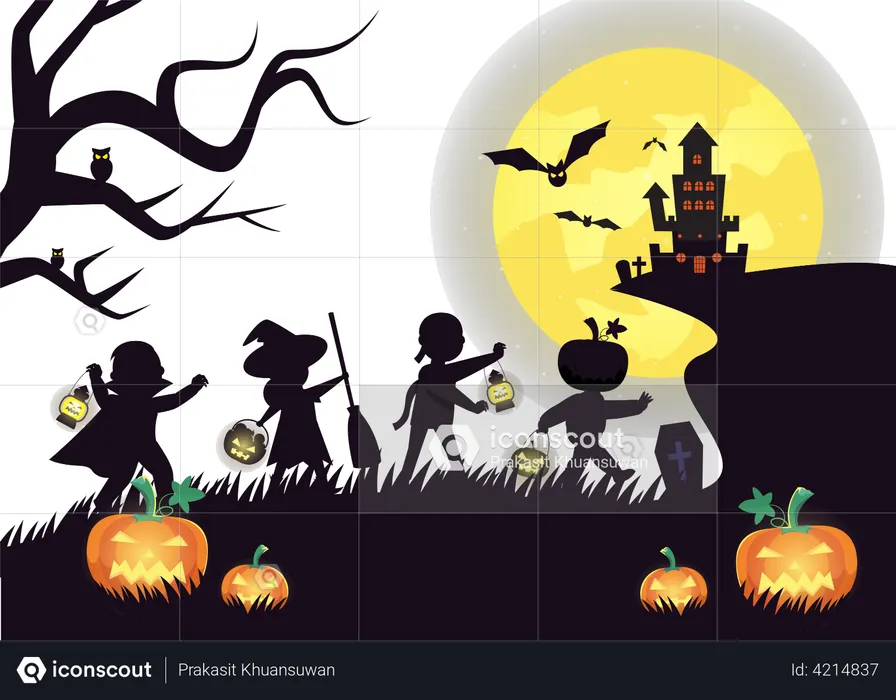 Crianças fantasiadas comemorando o Halloween  Ilustração