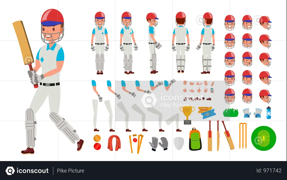 Cricket Player Male Vector. Sport Cricket Player Man. Cricketer Animated Character Creation Set. Full Length, Front, Side, Back View, Accessories, Poses, Emotions, Gestures. Isolated Flat Illustration  Illustration