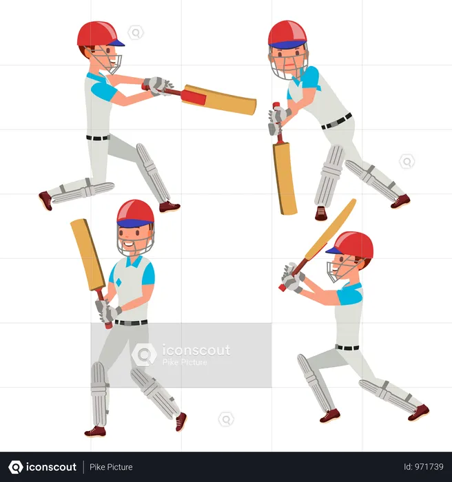 Cricket Player Vector. Wearing Sport Uniform Clothes. Different Poses. Cartoon Character Illustration  Illustration
