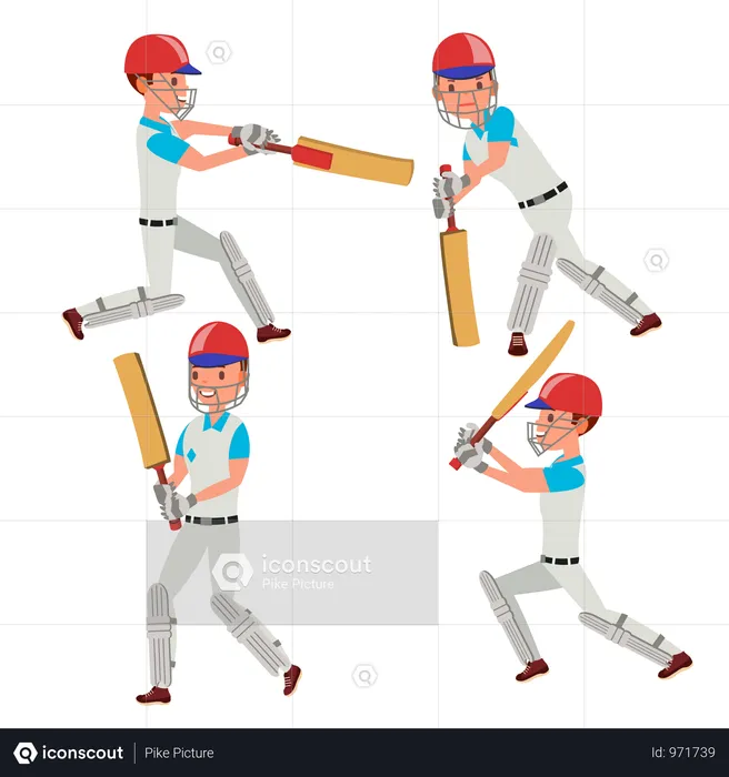 Cricketspieler, Vector., Tragen, Sport, Uniform, Clothes., Verschieden, Poses., Karikatur, Zeichen, Abbildung  Illustration