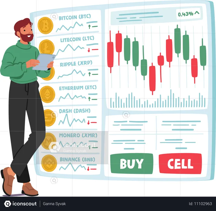 O trader de criptomoedas usa um aplicativo de negociação para gerenciar ativos digitais  Ilustração