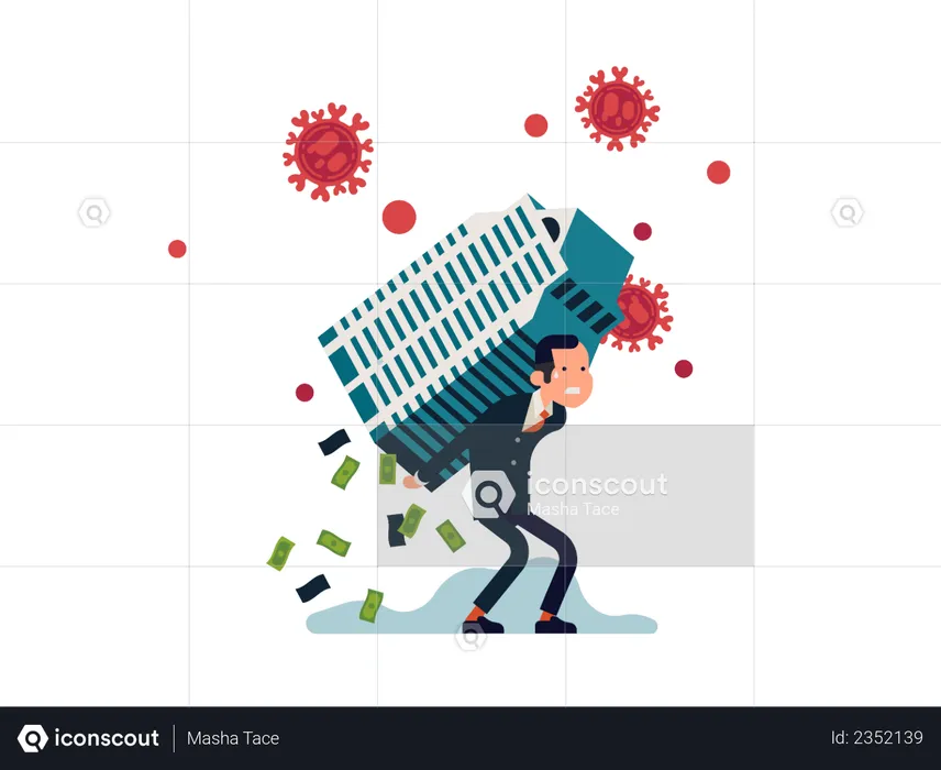 Crise économique causée par le coronavirus, un homme d'affaires ayant du mal à tenir un immense immeuble de bureaux avec de l'argent en baisse  Illustration