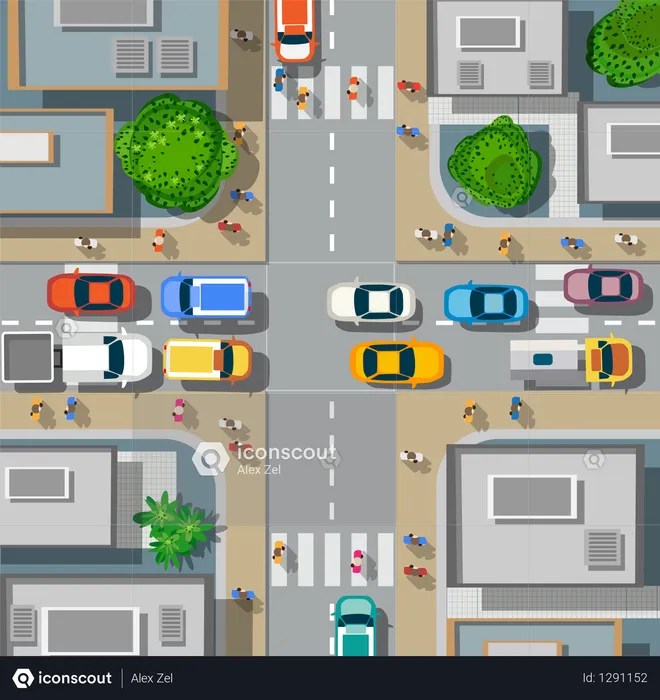 Cruce urbano con coches.  Ilustración