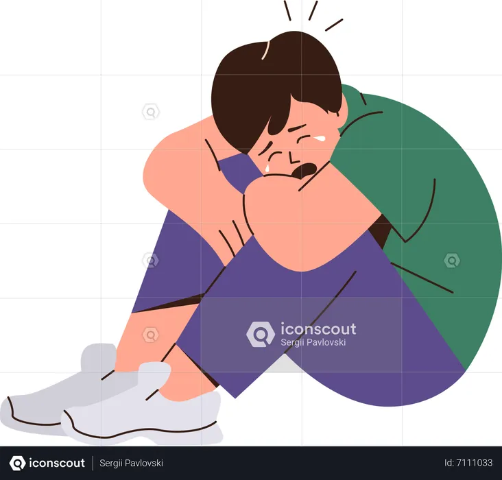 Crying and screaming little boy sitting on floor and hugging knees  Illustration