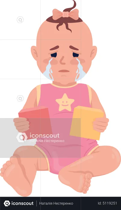 Crying baby girl with construction blocks  Illustration