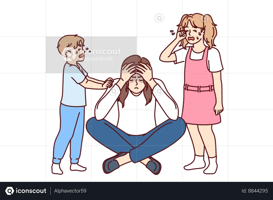 Crying children near upset mother suffering from financial problems or husband leaving family  Illustration