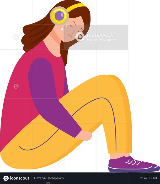 Crying female teenager listening to music  Illustration