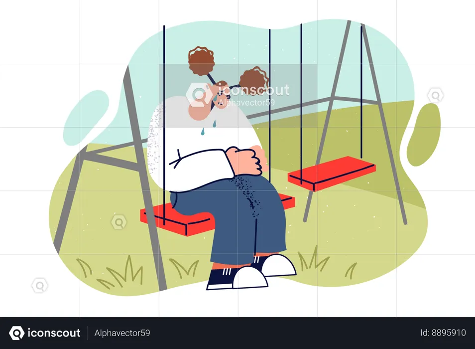 Crying girl sits on swing alone and is sad because of absence of father and mother  Illustration