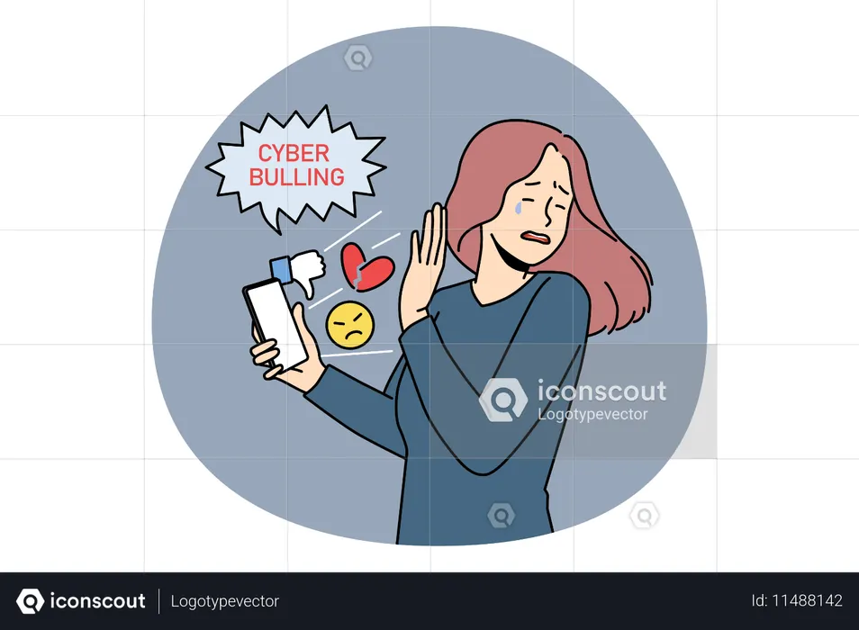 Crying girl standing and trying not to look at smartphone with dislikes and negative information  Illustration