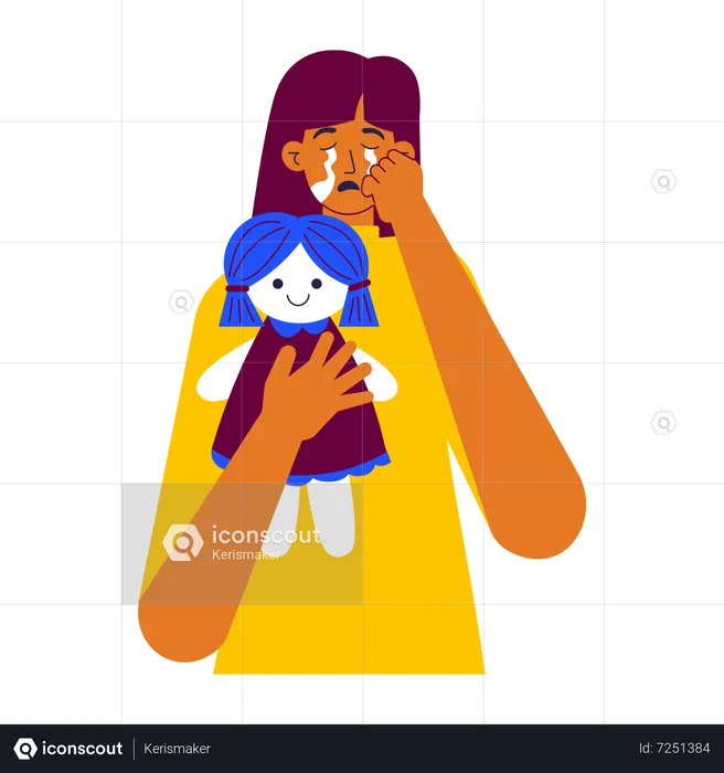 Crying kid holding doll  Illustration