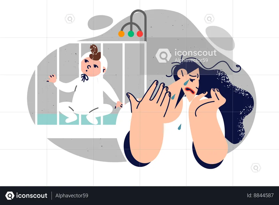 Crying mother experiences postpartum depression  Illustration