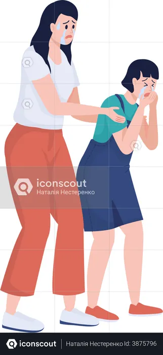 Crying woman embracing girl shoulders  Illustration