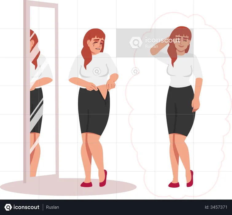 Crying Woman In Front Of Mirror Because of fatness  Illustration